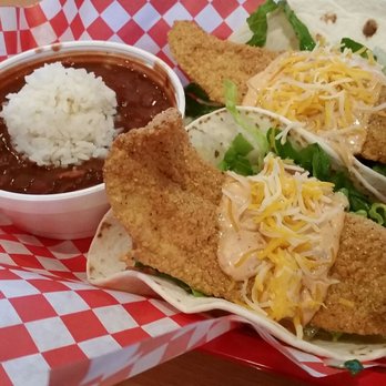 Fish & Chicks - Fried Catfish Tacos with Red Beans and Rice - Seafood Near Me - Cypress, Texas Fish & Chicks - Fried Catfish Tacos with Red Beans and Rice - Seafood Near Me - Cypress, Texas