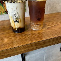 TIGER SUGAR - No. 5 Black Sugar Boba and Pudding Milk with Cream Mousse Lychee Crystal Boba Black Tea