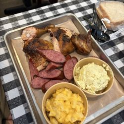 Smokey Mo's BBQ - Half chicken, sausage, Mac n cheese, potato salad