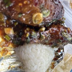 GS Specialty Foods - Spicy garlic wings and sticky rice.