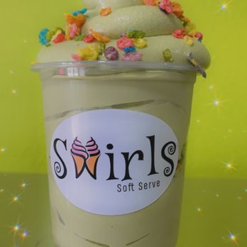 Swirls Soft Serve - Green tea swirl with fruity pebbles - Ice Cream & Frozen Yogurt Near Me - Upland, California Swirls Soft Serve - Green tea swirl with fruity pebbles - Ice Cream & Frozen Yogurt Near Me - Upland, California
