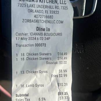 Zorba’s Kitchen - Receipt. I got salad and rice for the skewers so the price increased. Reasonably priced - Greek Near Me - Orlando, Florida