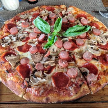 La Pizza Nostra - A grande sausage (hot dogs), pepperoni and mushrooms. - Pizza Near Me - Cabo San Lucas, BCS