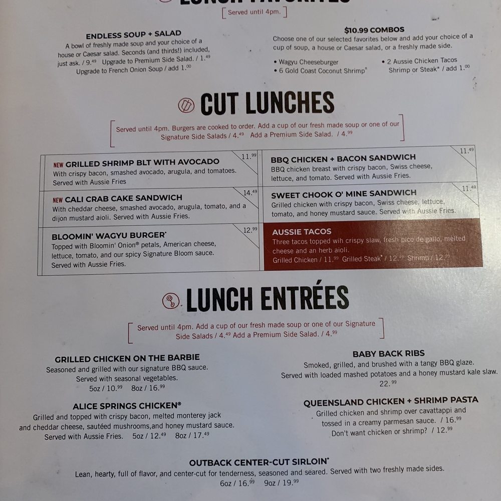 Outback Steakhouse - Lunch menu - Steakhouses Near Me - San Marcos, California