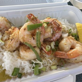 Maui Shrimp - shrimp and rice in a styrofoam container - Seafood Near Me - Kihei, Hawaii