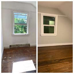 Bedroom before & after (note bad repair job  -- now you can't even tell it's not original!) Doug fir floors with walnut stain.