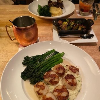 Seasons 52 - Filet mignon with mash , Caramelized Grilled Sea Scallops on risotto. Delicious - New American Near Me - Costa Mesa, California