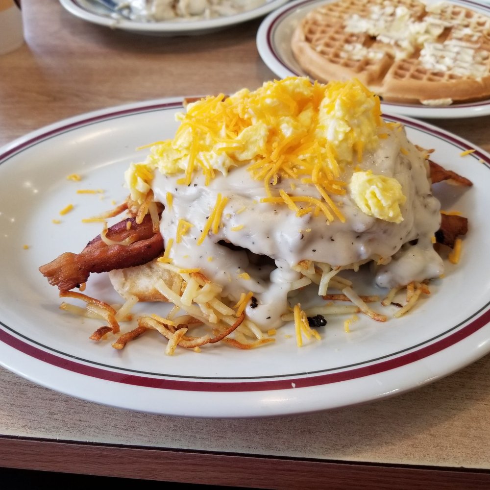 Huddle House - The famous smothered chicken and bacon platter. This was to die for. Sooooo yummy - Diners Near Me - McBee, South Carolina