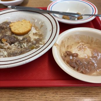 Angie's Country Kitchen - Beef tips on rice, beans and fried okra.  Sweet tea and top.  $16 - American Near Me - Houston, Texas