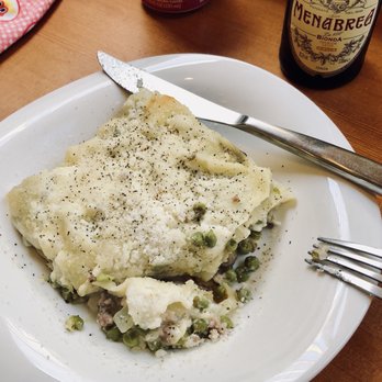 Pasta Casalinga - Lasagna with Peas, sausage and Béchamel sauce. - Italian Near Me - Seattle, Washington Pasta Casalinga - Lasagna with Peas, sausage and Béchamel sauce. - Italian Near Me - Seattle, Washington