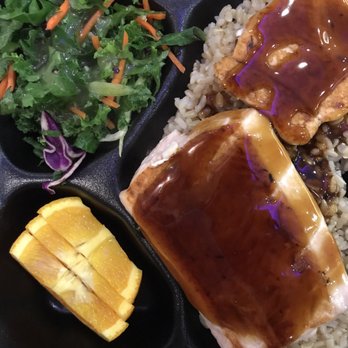 WaBa Grill - Salmon plate. Salmon was Dry & overcooked. The kale salad was a small portion as well but delicious with sesame dressing. - Fast Food Near Me - Oxnard, California