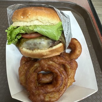 Lucy's Burgers - Green chili burger with greasy, gross onion rings! - Hot Dogs Near Me - Flagstaff, Arizona