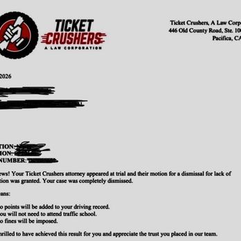 Ticket Crushers Law - Letter - DUI Law Near Me - Sacramento, California