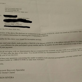 Jay N Cohen, DDS - Letter from Metlife to Cohen telling him to return the money! - Oral Surgeons Near Me - Redwood City, California