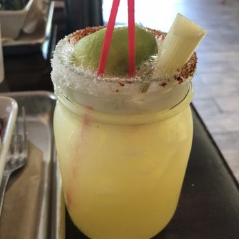 Cinco TacoBar - Holy moly this marg was delicious! Half spicy salt and half regular salt, with lime and a sugarcane stick! Very yummy! - Mexican Near Me - Livermore, California