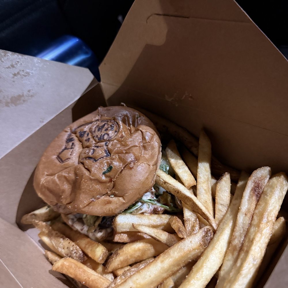 Belly of the dragon burger, and fries.