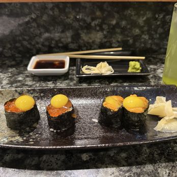Sushi Neko - Salmon Egg with Quail Egg and Sea Urchin with Quail Egg. - Sushi Bars Near Me - Oklahoma City, Oklahoma Sushi Neko - Salmon Egg with Quail Egg and Sea Urchin with Quail Egg. - Sushi Bars Near Me - Oklahoma City, Oklahoma
