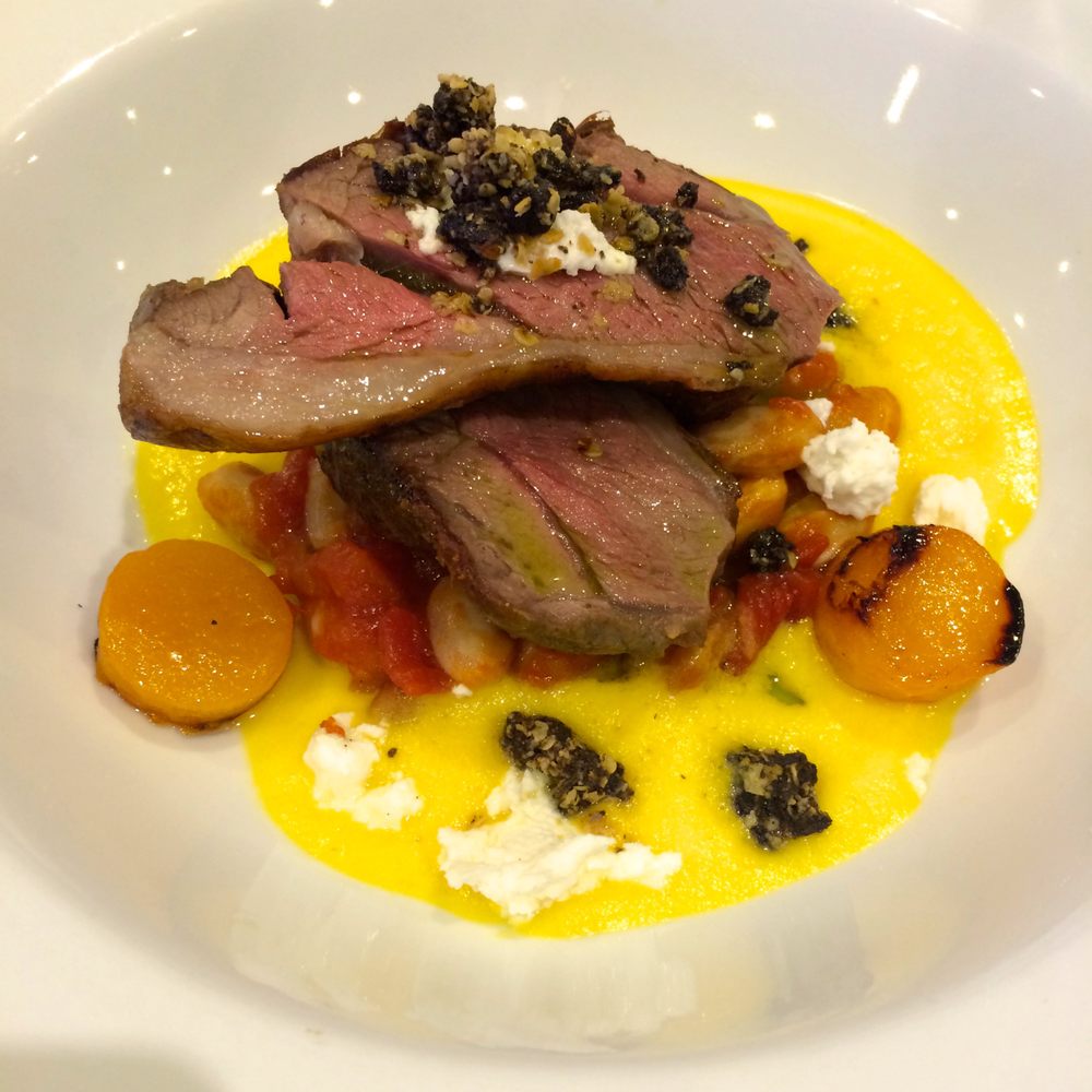 The Chef's Table - Roast lamb rump, borlotti bean and tomato ragu, butternut squash veloute, homemade goats curd, black pudding and oat crunch - British Near Me - Chester, CHW
