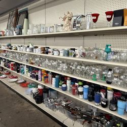 Bargain Thrift Store - Glassware, mugs and drinkware. Prices drop as each color tag goes on markdown, down to 90% off.