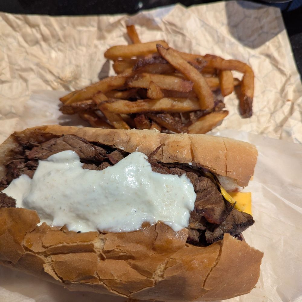 Chaps Pit Beef - The Bulldog ( pit beef & sausage) with way too much Tiger sauce added by me - Barbeque Near Me - Baltimore, Maryland