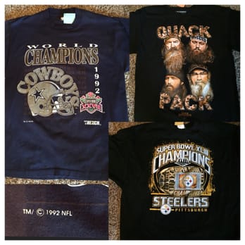 Texas Thrift - Check out this flame! ..Vintage 1992 Cowboys T-shirt, and a 2009 Steelers SuperBowl Champs T! Also a Nice print Duck Dynasty T! - Thrift Stores Near Me - Garland, Texas