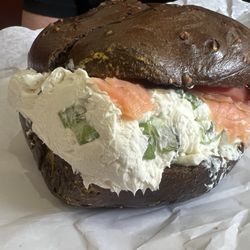 Gateway Bagels & Deli - Note how the cream cheese resembles a cumulonimbus cloud about to overtake the tiny speck of salmon, submerging it in a white haze.