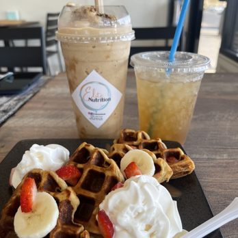 Elite Nutrition - Caramel macchiato smoothie, cinnamon tea (comes with waffles), strawberry banana waffles - Juice Bars & Smoothies Near Me - Barstow, California Elite Nutrition - Caramel macchiato smoothie, cinnamon tea (comes with waffles), strawberry banana waffles - Juice Bars & Smoothies Near Me - Barstow, California