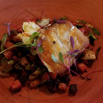 Grace & Grit - Pan seared wreckfish over sliced brussels, diced sweet potato, diced beets, bacon, herb hash, and citrus butter. Delicious! - Southern Near Me - Mount Pleasant, South Carolina