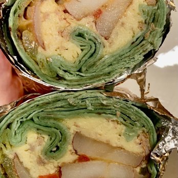 Goldy's Breakfast Bistro - Trav’s Famous Breakfast Burrito (Goldy's Potatoes, Eggs, Peppers, Onions, Cheddar, Pepper Jack Cheese, Italian Sausage, $13.50)- 3.5/5 stars - Breakfast & Brunch Near Me - Boise, Idaho