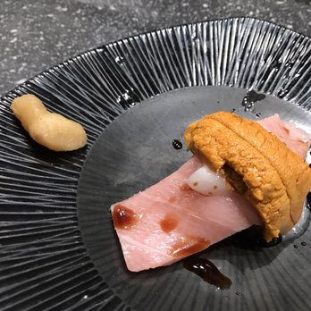 Sushi Murayama - Farm raised otoro w uni and Ryuji's tare. The white cream is sweet fat scrapped off the skin of the otoro. - Sushi Bars Near Me - Honolulu, Hawaii