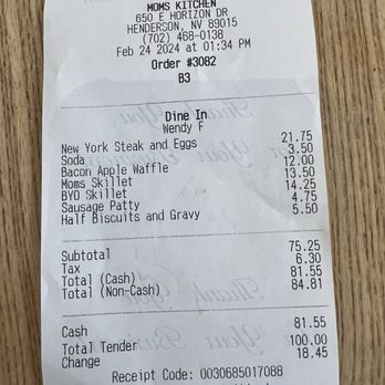Mom’s Kitchen - Proof Receipt - Mexican Near Me - Henderson, Nevada