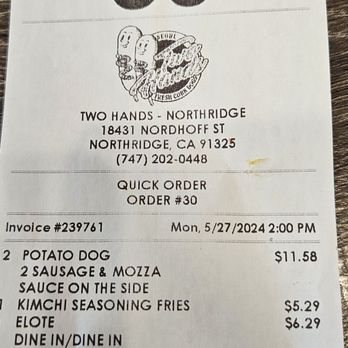 Two Hands Seoul Fresh Corn Dogs - Receipt for 2 potato dogs, kimchi seasoned fries and Elote - Hot Dogs Near Me - Northridge, California Two Hands Seoul Fresh Corn Dogs - Receipt for 2 potato dogs, kimchi seasoned fries and Elote - Hot Dogs Near Me - Northridge, California
