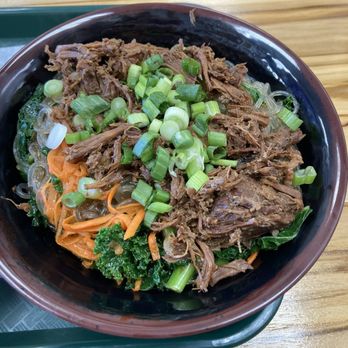 Olé Olé Ithaca - Beef Japchae.  This is delicious!  Although difficult to eat because the noodles are so sticky and stretchy. - Korean Near Me - Ithaca, New York