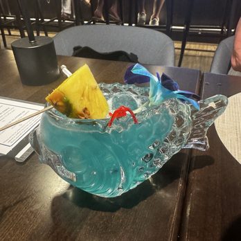 Corvina Seafood Grill - fruity drink with fish bowl. - Seafood Near Me - Boca Raton, Florida