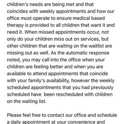Methuen Pediatric Therapy - This is the response I received from the owner and provider.