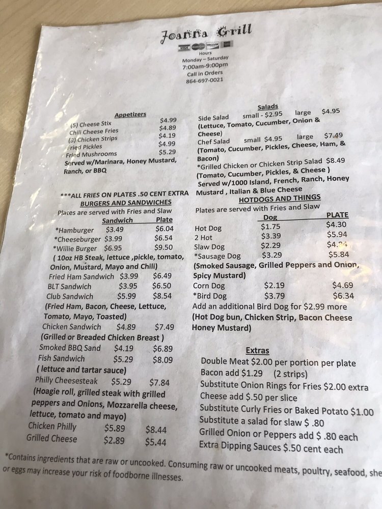 JOANNA GRILL Updated July 2024 110 N Main St, Joanna, South