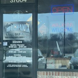 Hair mechanics door where it says walks in are welcome but I promise you they are not welcome Hair mechanics door where it says walks in are welcome but I promise you they are not welcome