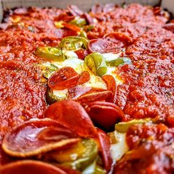 Crust Pizzeria - Detroit H-Town Hot Honey: Cup n Curl Pepperoni, Jalapeños, Brick Cheese, Sauce & Spicy Hot Honey. $27.00