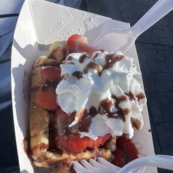 VolksWaffle - Belgium waffle with strawberries whip cream and Nutella drizzle. - Desserts Near Me - Carmichael, California
