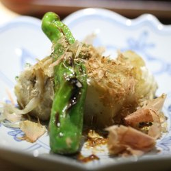Eggplant with Shishito, Bonito Flakes, & Chives
