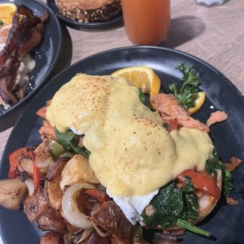 Eggs & Waffles - Lox Benedict & Strawberry Sunrise Mimosa - Breakfast & Brunch Near Me - Gilroy, California Eggs & Waffles - Lox Benedict & Strawberry Sunrise Mimosa - Breakfast & Brunch Near Me - Gilroy, California