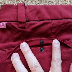 lululemon - Commission Short 9 Slim Chino. Rear left pocket, button-up. Rear right pocket is zip-up. Color: Ox blood.