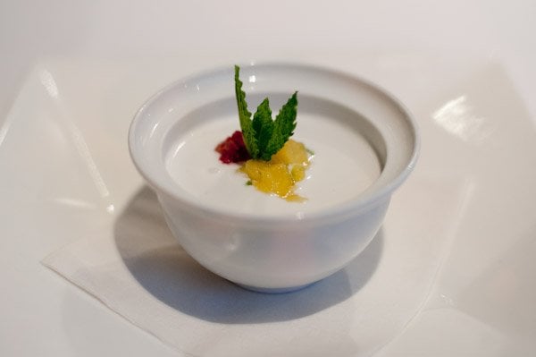 Photo of Bushi-Tei - San Francisco, CA, US. Black sesame blancmange, coconut milk, pineapple salsa