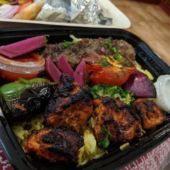Mazra - Chicken Kebab, Ground Beef and Herbs Kebab plate. - Middle Eastern Near Me - San Bruno, California Mazra - Chicken Kebab, Ground Beef and Herbs Kebab plate. - Middle Eastern Near Me - San Bruno, California