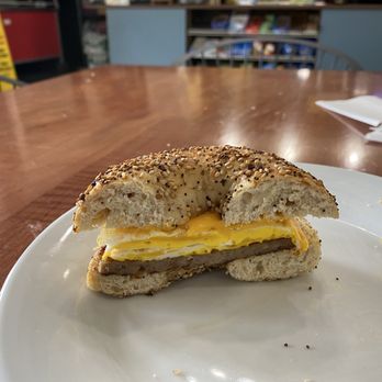Bagel Station - Everything bagel with egg and sausage - Bagels Near Me - Clifton, New Jersey