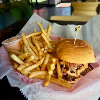 Brazos Taco Bar - The Brisker, a brisket slider with fries at Brazos Taco Bar at Barracks Road in Charlottesville, VA - Tacos Near Me - Charlottesville, Virginia