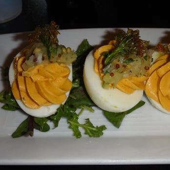 Three Muses - Deviled Yard Egg. Garnish with deep fried broccoli flower - Jazz & Blues Near Me - New Orleans, Louisiana Three Muses - Deviled Yard Egg. Garnish with deep fried broccoli flower - Jazz & Blues Near Me - New Orleans, Louisiana