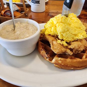 The Southern Cafe - Chicken, waffle with egg, bacon bits, gravy on the side. - Southern Near Me - Roselle, Illinois The Southern Cafe - Chicken, waffle with egg, bacon bits, gravy on the side. - Southern Near Me - Roselle, Illinois