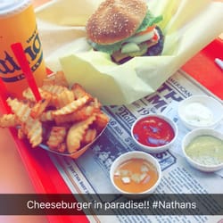 Delicious cheeseburger combo $8!! #Nathans