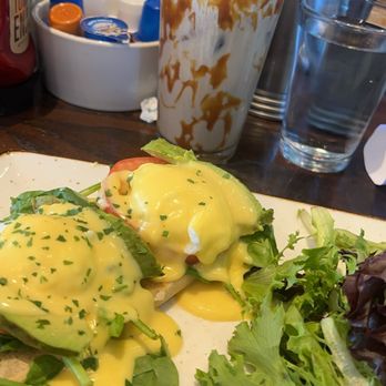 First Watch - Florentine Benedict with honey caramel crunch iced coffee - Breakfast & Brunch Near Me - Livonia, Michigan